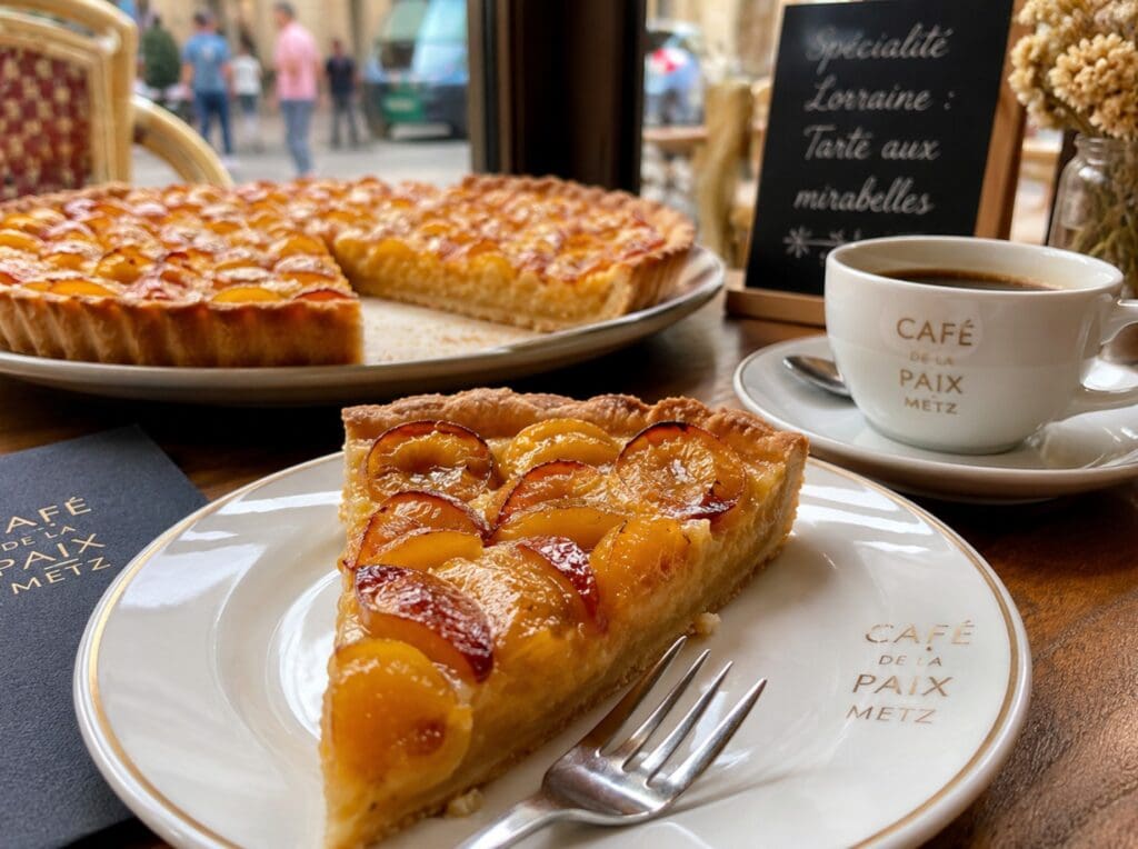 tarte aux mirabelles de Lorraine servie dans un café messin