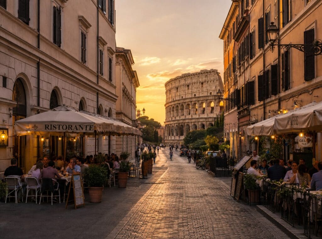 una fotografia di Via di San Giovanni in Laterano al tramonto, con i tavolini e il Colosseo sullo sfondo