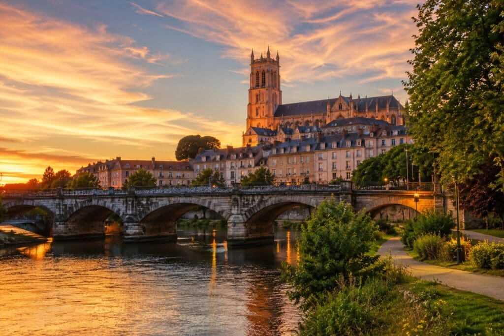 une photo des bords de Vienne au coucher du soleil, avec le pont Saint-Étienne et la cathédrale en arrière-plan (Limoge)