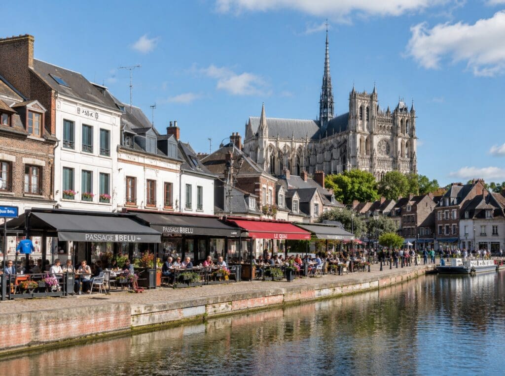 une photo du quai Bélu avec terrasses, canal et cathédrale Notre-Dame visible en arrière-plan
