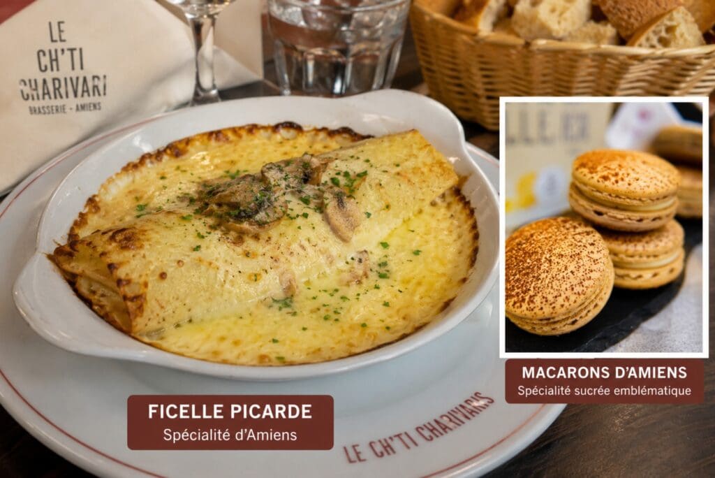une photo d’une ficelle picarde servie dans une brasserie amiénoise, accompagnée d’une petite photo secondaire de macarons d’Amiens