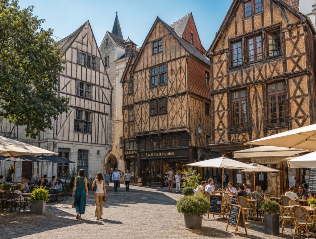 une photo rapprochée des maisons à pans de bois de la place Plumereau à Tours, avec des passants et des terrasses